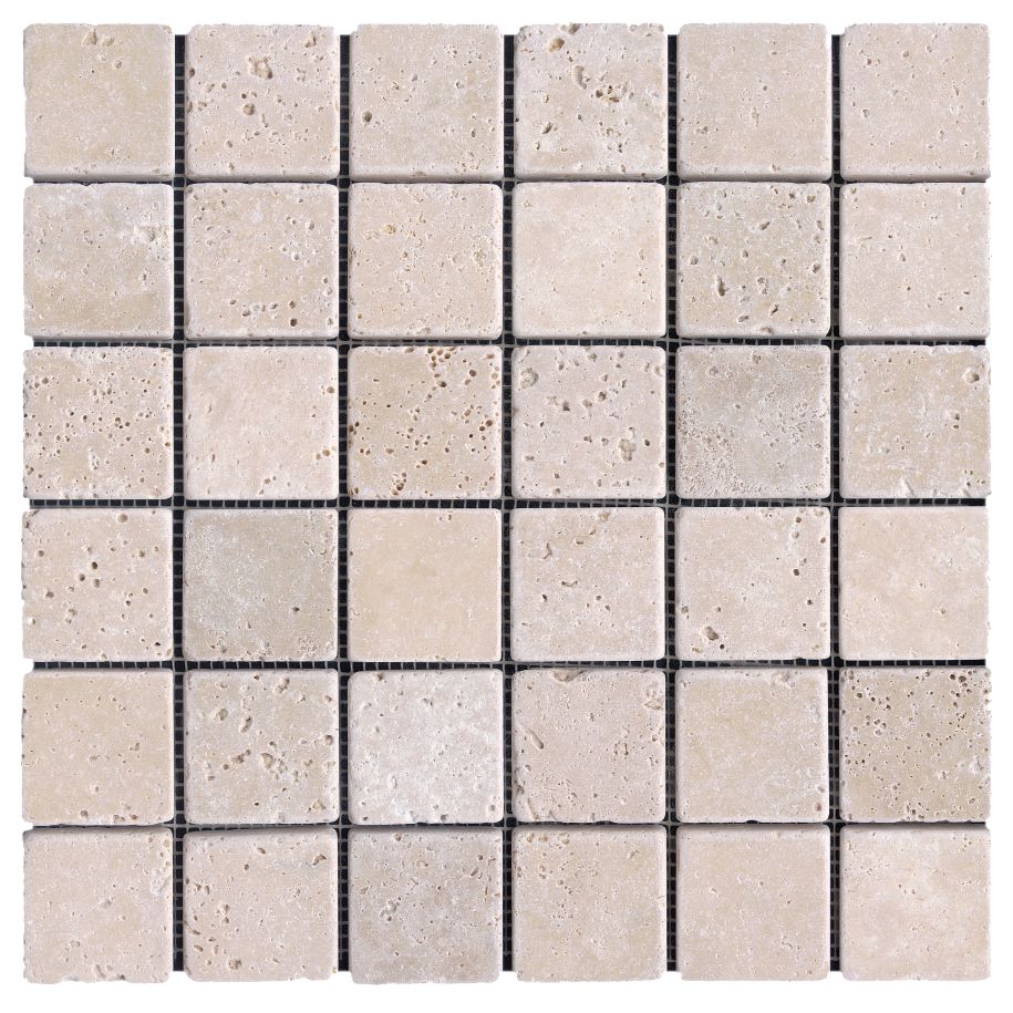Arte Design Mosaique Murale Interieure Pierre Naturelle Travertin Blanc Beige Finition Vieillie Tesselles 4 8x4 8 Cm Plaque 30 5x30 5 Cm Point P