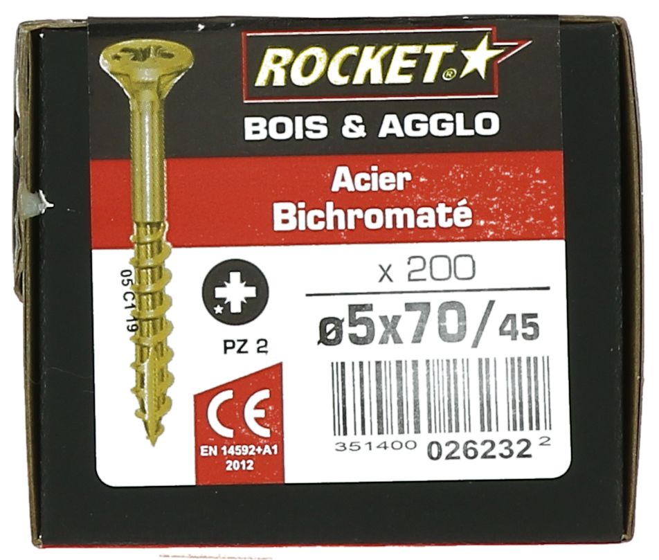 Vis bois/agglo Rocket Pozi Ø 5x70/45 mm - boîte de 200 pcs