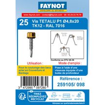 Vis Têtalu P1 autoperceuse TK12 pour support bois - RAL 7016 - Ø 4,8x20 mm - blister de 25 pcs