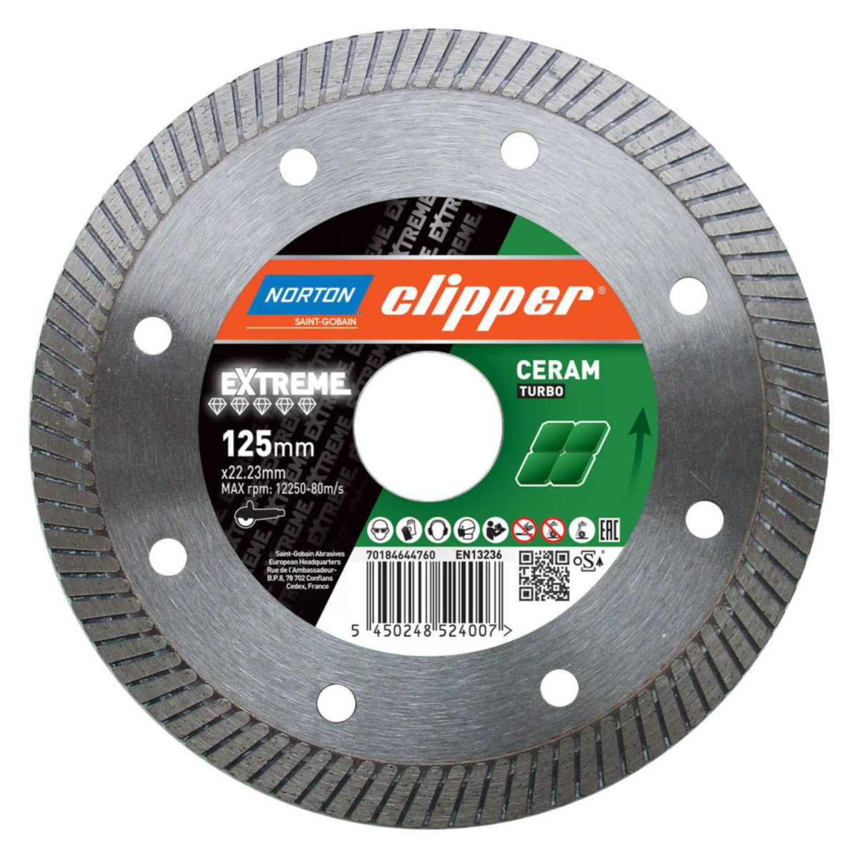 NORTON-CLIPPER - Disque diamant à jante continue crénelée extra mince de  1.4 mm pour la coupe des carrelages et céramiques durs à très durs EXTREME  CERAM TURBO Diam 125mm alésage 22,23